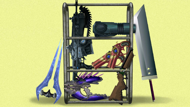 A collection of video game weapons sitting on a shelf. 